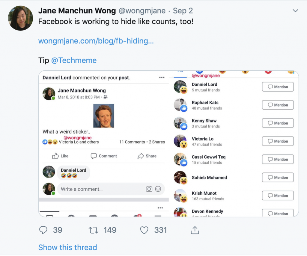 Tweet from @wongmjane about Facebook testing out hiding likes