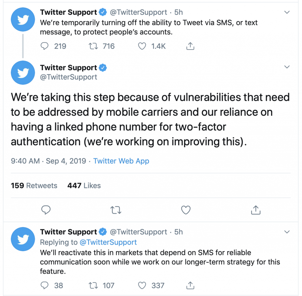 Tweet from @TwitterSupport about disabling the feature to Tweet via SMS