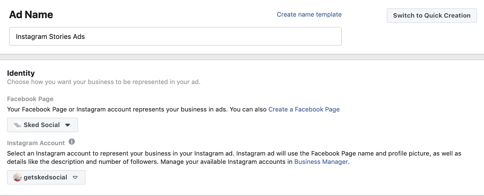 Naming your ad and choosing account on ads manager