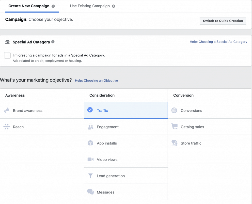 Choosing objective on ads manager